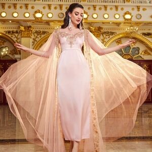 Elegant Pink Evening Gown with Sleeve Cape Gold Accents Size 6/Medium